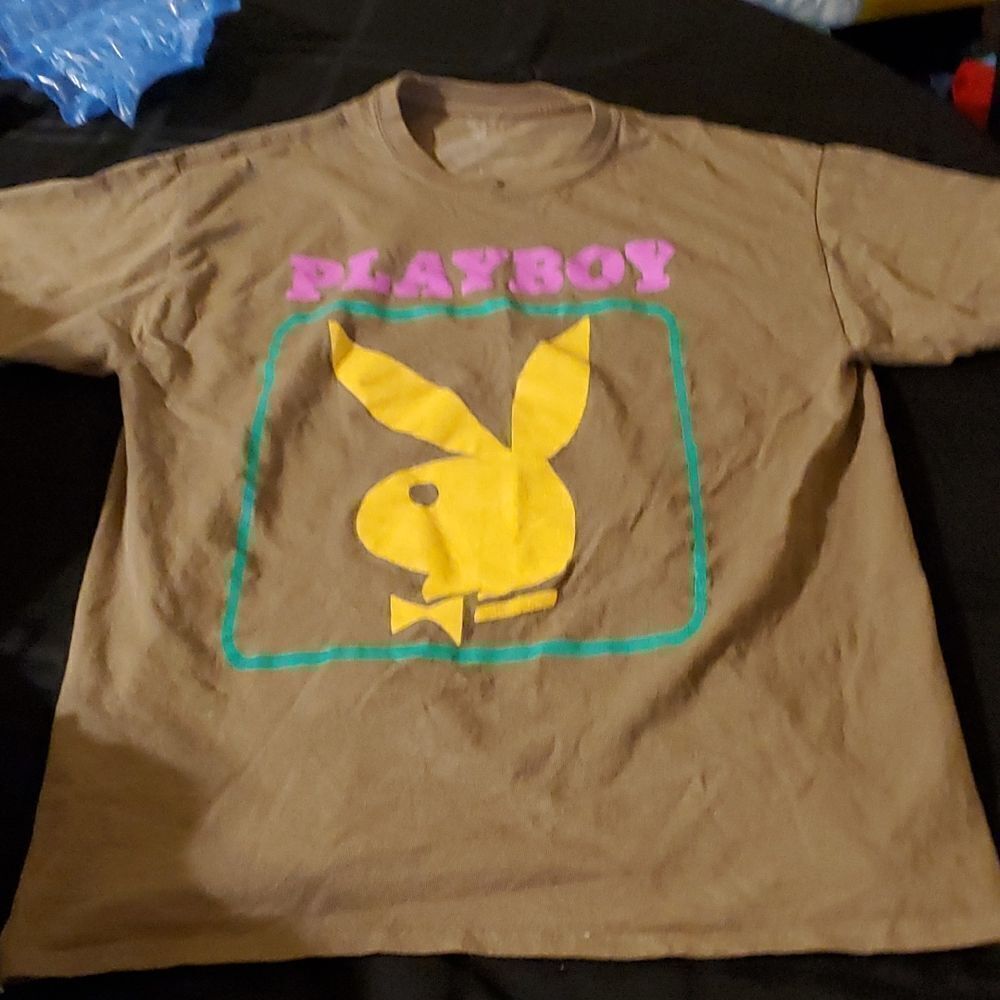 Playboy Bunny T-Shirt Pink Blue Bunny Logo Size Large Brown